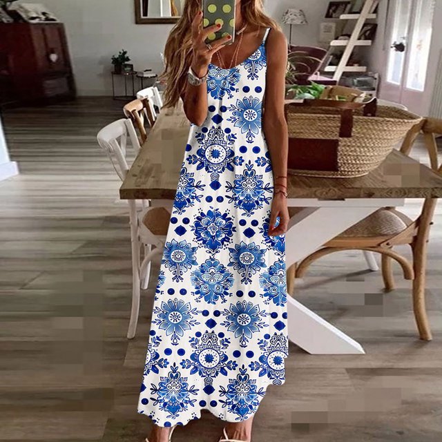 Ovzne Robes d'Été pour Femmes 2025 Robe pour Femme Robes d'Été pour Femmes Imprimé Sans Manches Col Rond Robe Décontractée Longues Robes Robe d'Été Imprimée Liquidation