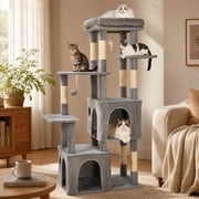 Modern Cat Tree Tower with Scratcher & Houses, 61" Large Cat Furniture for Indoor Cats, Includes 2 Spacious Condos, Extra-Large Perch, Sisal Scratch Posts & Play Toys