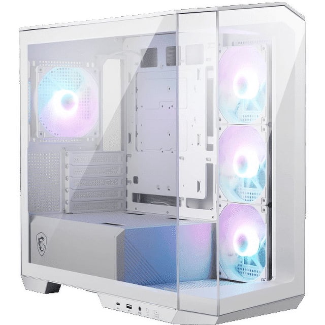 MSI MAG PANO M100R PZ WHITE Micro ATX Gaming Case featuring a 270-degree panoramic tempered glass display, shown in a sleek white design. Compatible with Micro-ATX Back-connect PROJECT ZERO motherboards and supports up to a 360 mm AIO liquid cooler on the top. Includes built-in 1-to-4 ARGB-PWM fans with vivid lighting effects and supports up to 10 x 120 mm system fans. The case is equipped with a magnetic dust filter at the bottom for easy cleaning and DIY-friendly cable management for enhanced customization.