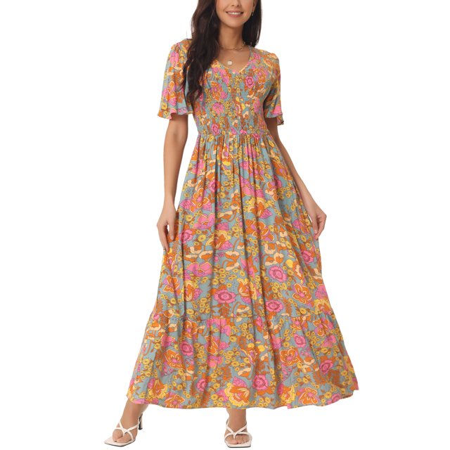 INSPIRE CHIC Robe Maxi d'Été Décontractée pour Femme à Col en V, Florale, Manches Courtes Volantées, Smockée, Fluide, avec Poches, TG Gris Vert
