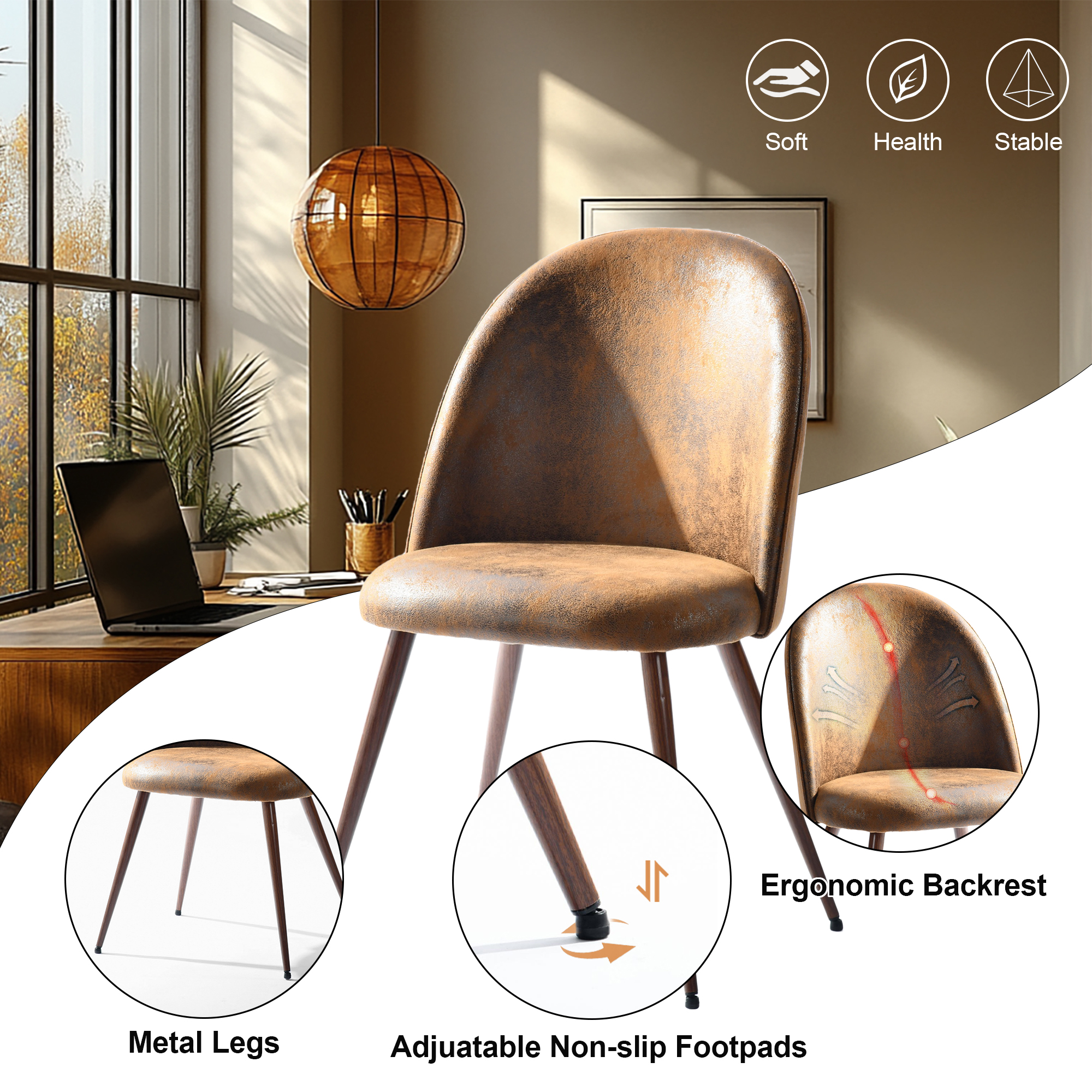 Ensemble de 2 chaises de bureau modernes Homy Casa, dossier incurvé rembourré en imitation daim brun