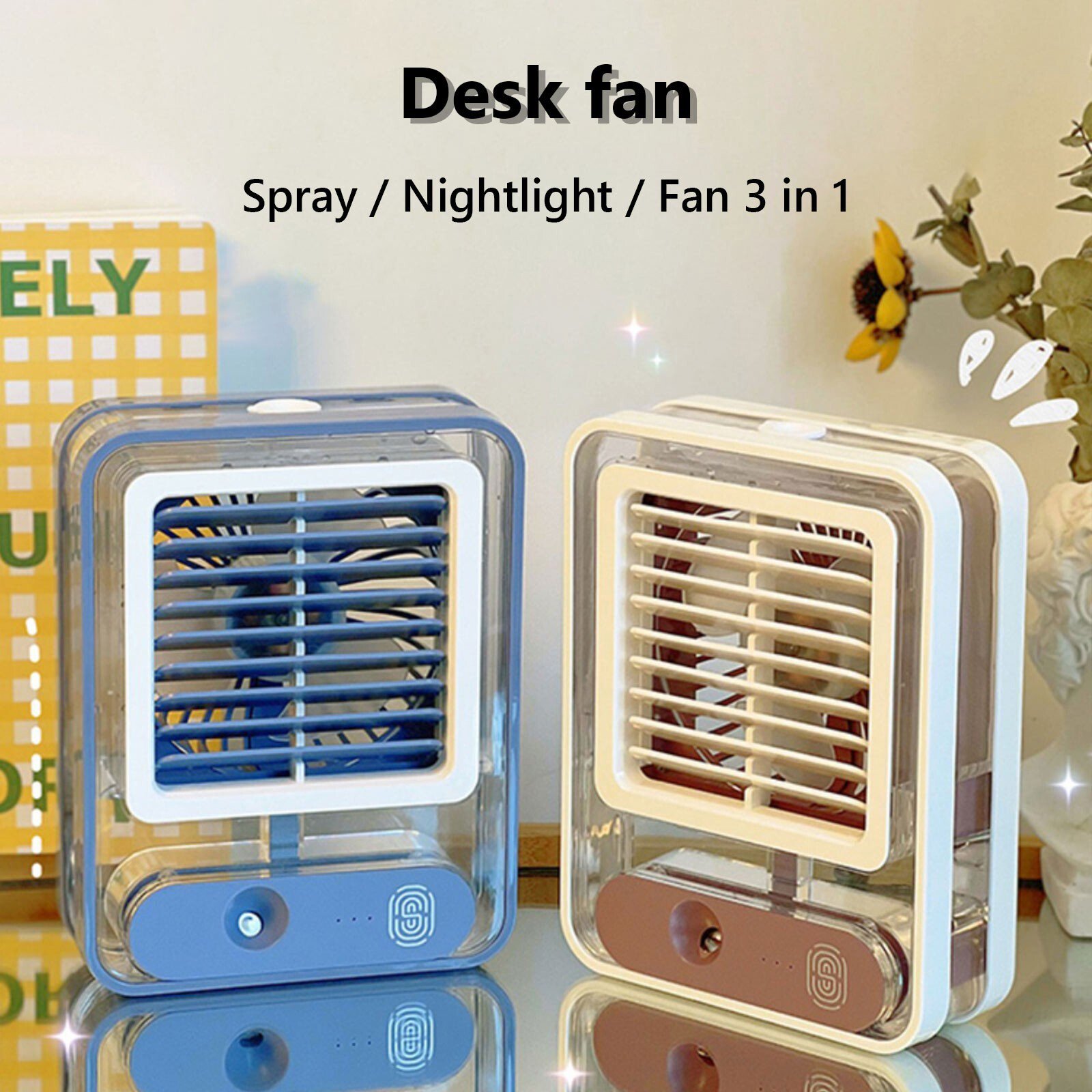 TopLLC Small Air Conditioner Fan, 3 in 1 Transparent Design Evaporative Air Cooler with Night Light and Humidifier, USB Rechargeable 3 Speed Strong Airflow Personal Misting Cooling Fan for Office
