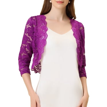 INSPIRE CHIC Women's Saint Patrick's Day Elegant 3/4 Sleeve Sheer Lace Floral Open Front Bolero Shrug Rose Purple S