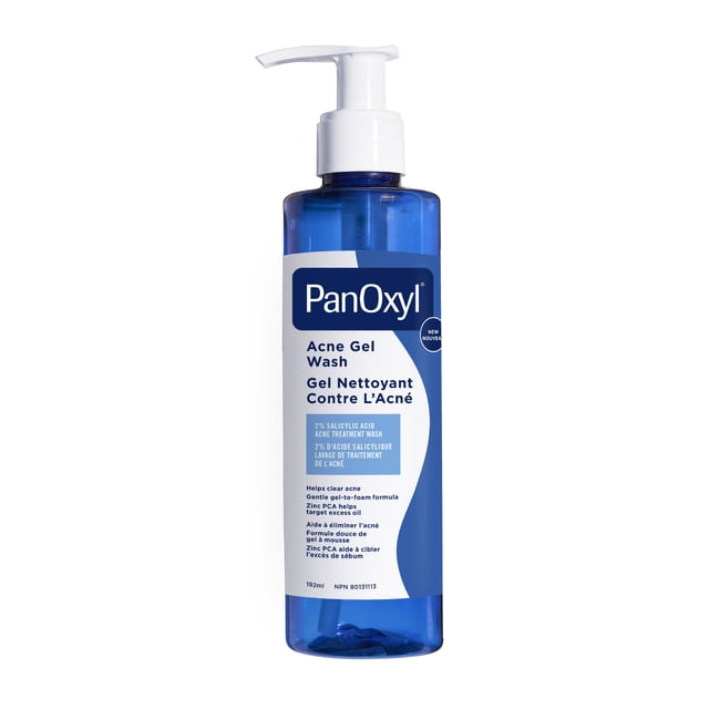 PanOxyl Acne Gel Wash, 2% Salicylic Acid, Helps Clear Acne centered front view of a white and blue PanOxyl bottle with label showing 2% salicylic acid; gel-to-foam acne cleanser that helps clear and help prevent breakouts and lists zinc PCA, aloe and green tea. Often used as a targeted spot cleanser for oily areas.