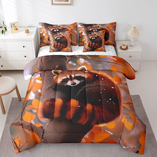 Red Panda Bed Set in a Bag 7 Pcs,Natural Cute Wild Animal Snowy Bedding Set,Fall Maple Leaves Botanical Tree Orange Brown Comforter with Fitted,Flat Sheet,Pillowcase,Pillow Covers,King