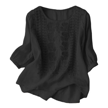 Lixiuxyad T-shirt à Col pour Femme avec Broderie Florale, Haut Estival Décontracté pour Usage Quotidien, au Design Uni, Noir, TG