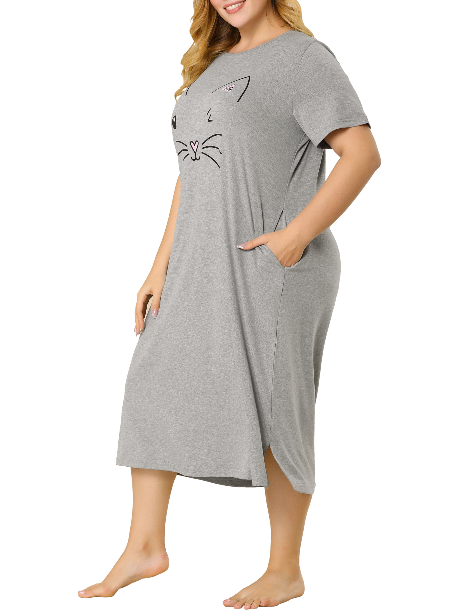 GRACE & GRANDEUR Robe de Nuit pour Femme Grande Taille à Imprimé de Chat avec Poches, Vêtement de Nuit