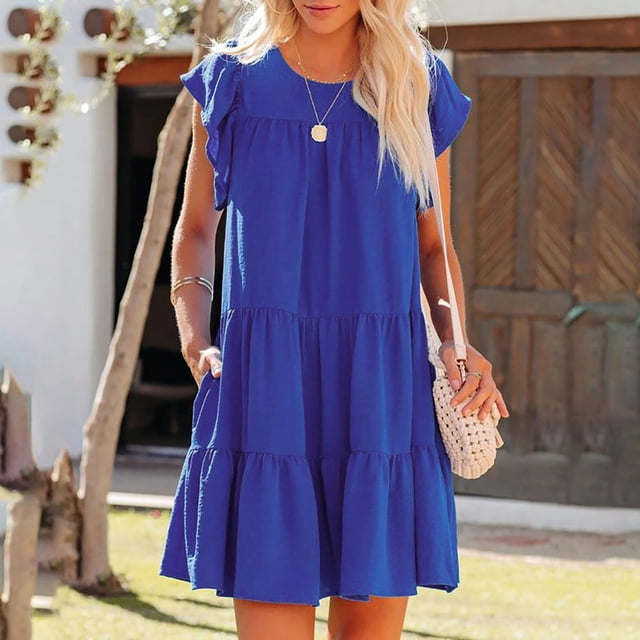 EGNMCR Robes de Fête pour Femmes Mode Féminine Vacances Été Couleur Unie Col Rond Manches Courtes Fête Plage Robe Ample