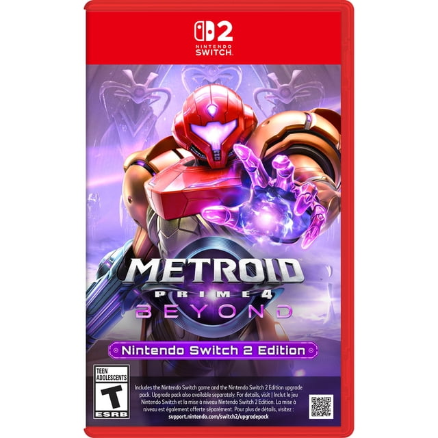 Metroid Prime™ 4: Beyond - Nintendo Switch™ 2 Edition game cover featuring Samus Aran in red and gold armor with a glowing purple energy hand, set against a mysterious purple alien background, showcasing enhanced graphics and gameplay for Nintendo Switch 2.