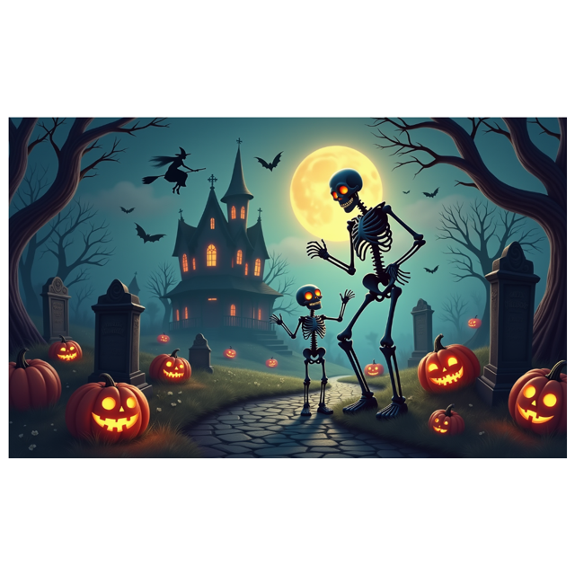 Spooky Scene Halloween Banner Gothic Theme Pumpkin Lantern Skeleton Design Cemetery Setting for Halloween Party Event Decor