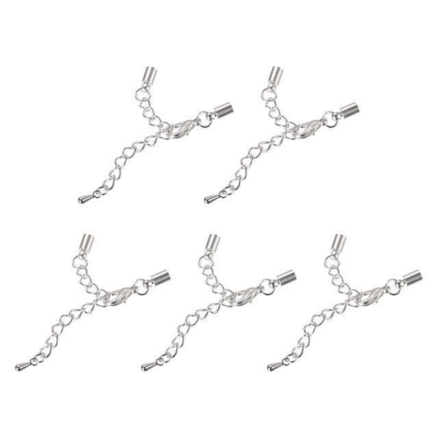 Unique Bargains 10Sets 3mm Leather Cord End Caps with Lobster Clasps & Extender Chain for DIY, Rhodium Tone