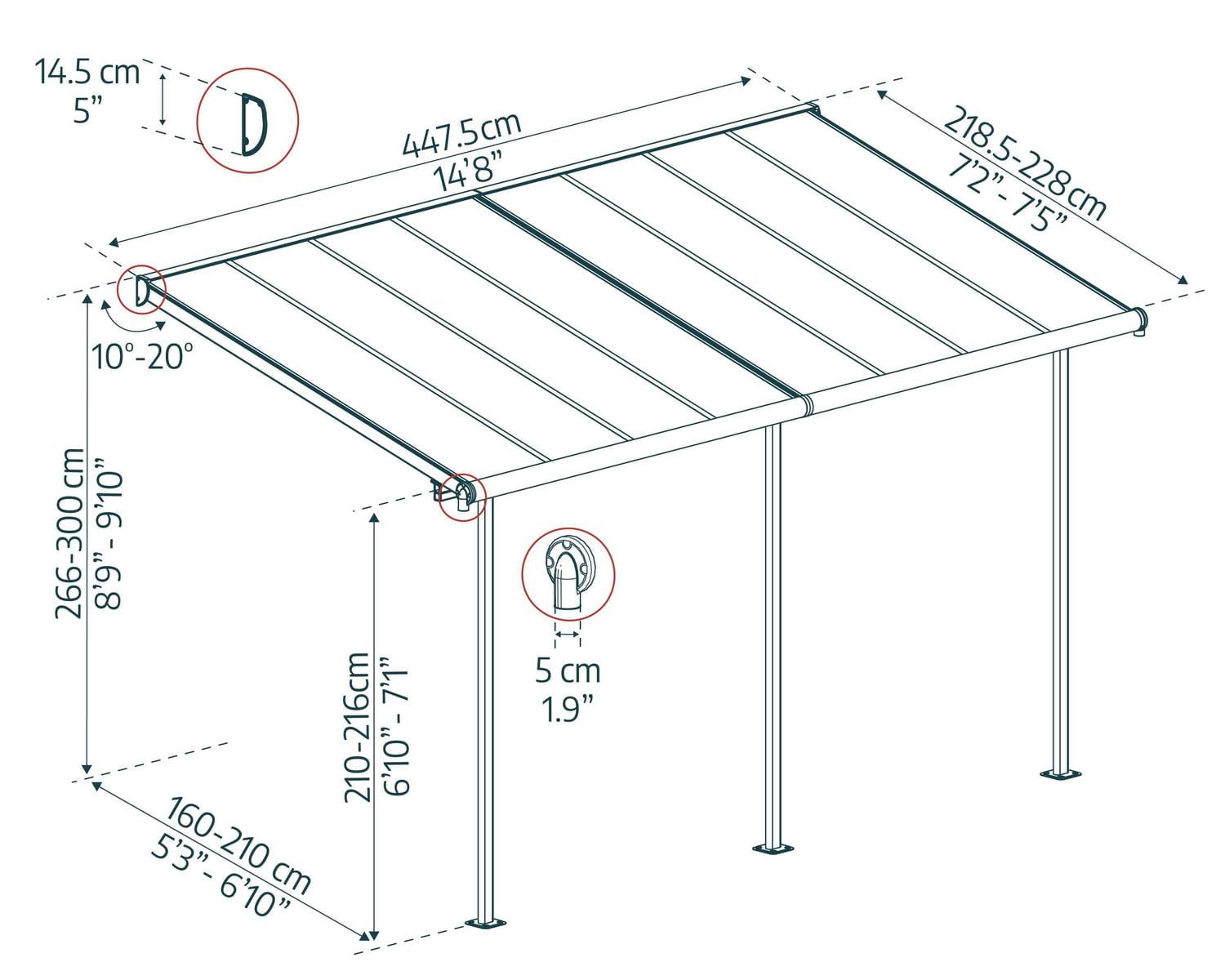 CANOPIA by PALRAM Sierra Couverture de patio en aluminium de 7,5 pi x 15 pi - Gris