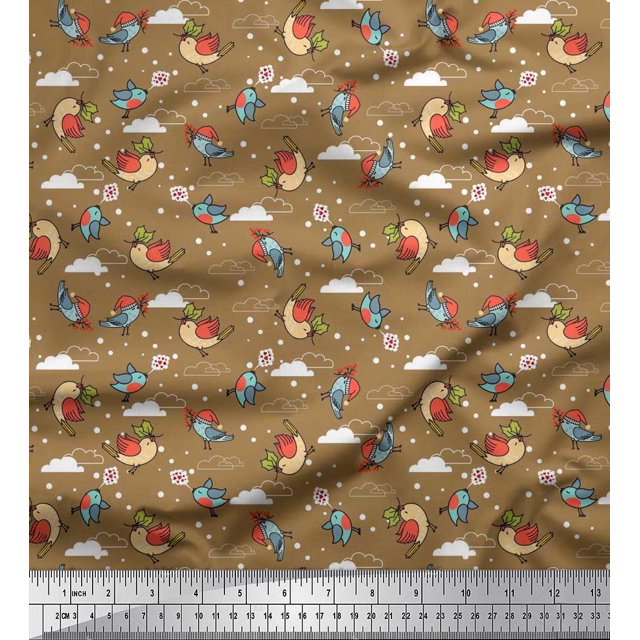 Soimoi Rayon Fabric Dot,Cloud & Bird Cartoon Print Sewing Fabric Yard 42 Inch Wide