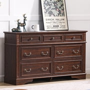 FIAKOA 7 Drawer Dresser for Bedroom, 55” W. Wood Farmhouse Tall Storage Chest of Drawers for Livingroom, Walnut Brown