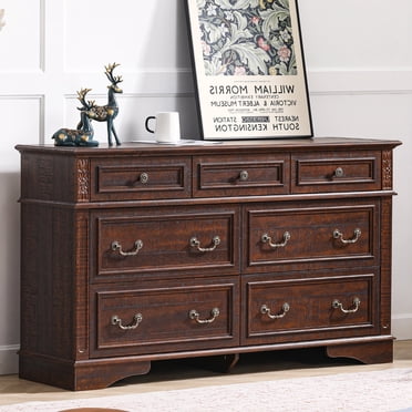 FIAKOA 7 Drawer Dresser for Bedroom, 55” W. Wood Farmhouse Tall Storage Chest of Drawers for Livingroom, Walnut Brown
