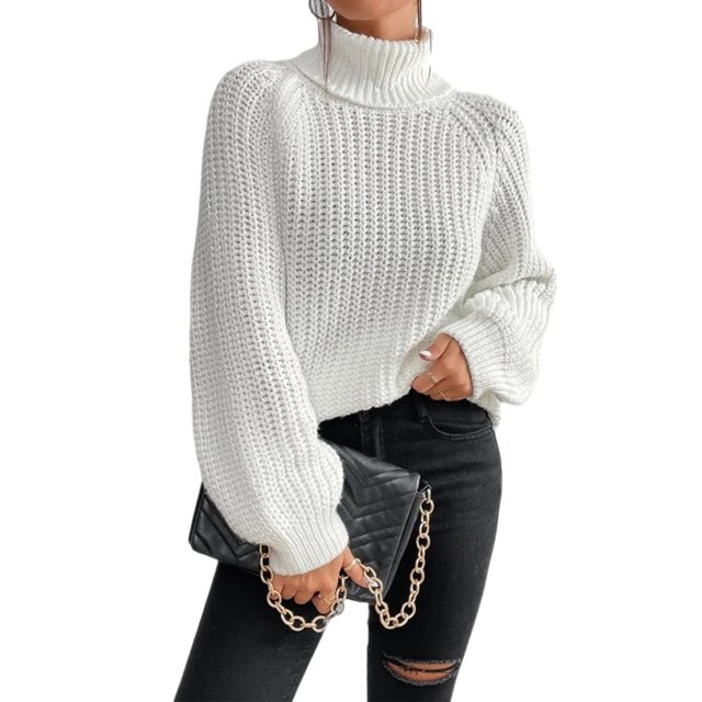 Innerwin Chandails à Col Roulé pour Femmes Chandail de Travail Manches Longues Ample Tricoté Blanc G