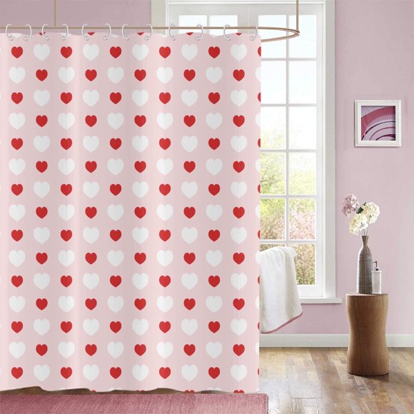 Rideau de Douche de la Saint-Valentin, Bas Lesté Thème d'Amour Romantique Rose et Rouge Petit Cœur Rideau de Salle de Bain en Tissu Déco Maison Imperméable Lavable avec 12 Crochets,36"x72 Pouces