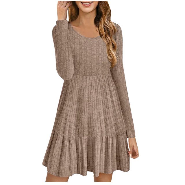 cfhntfmh Robe Chandail à Manches Longues pour Femmes Robe Mini en Tricot Doux à Manches Longues Décontractée d'Automne Col Rond Robe Moulante Côtelée