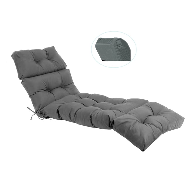 Outdoor Chaise Lounge Cushion Sunproof Waterproof Inlife Garden and Patio Rocking Chair Cushion in deep gray. The cushion features a durable, weather-resistant fabric with high UV and stain resistance. It is divided into four sections for even support and includes a head cover for added comfort. The cushion measures 185cm in length and 10cm in depth, offering ample padding. Equipped with two ties for secure attachment to the lounger, it is ideal for patios, balconies, or poolside lounging.
