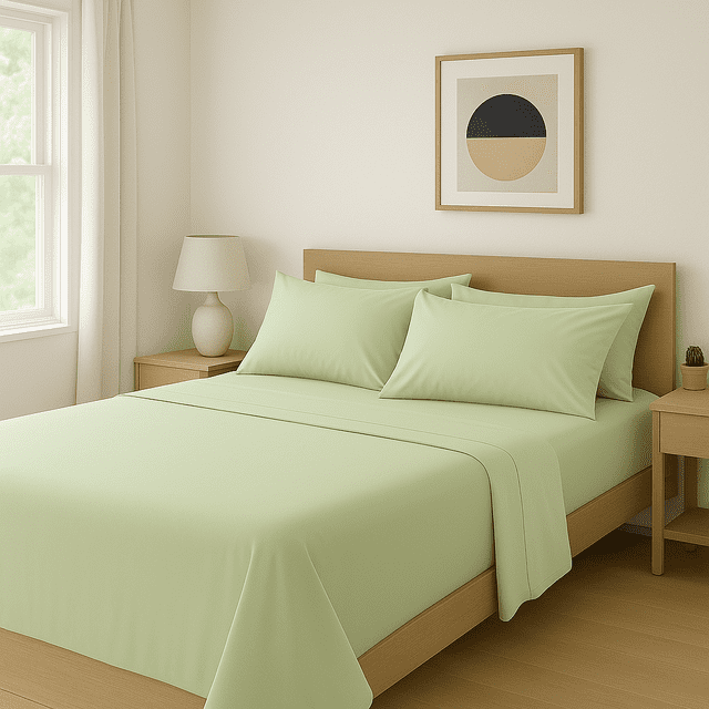 Comfy Bamboo World Series 90gsm 4pc Microfiber Bedsheets Sheet Set in sage green, displayed on a twin-size bed in a minimalist bedroom. The set includes a fitted sheet, flat sheet, and two matching pillowcases, all made from ultra-soft, wrinkle-free microfiber. The bedding is styled on a light wood bed frame with a modern decor setting, including a bedside lamp and framed wall art.