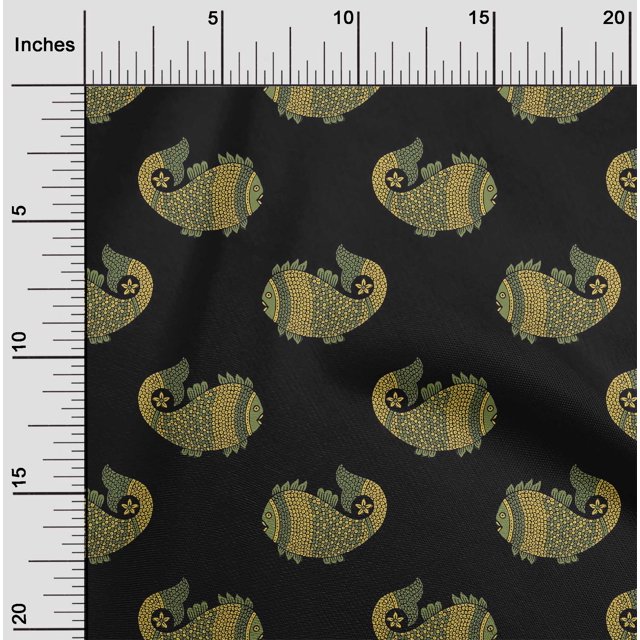 oneOone Tissu en Mousseline de Viscose, Tissu à Imprimé Bloc de Poissons, BTY, 42 Pouces de Large