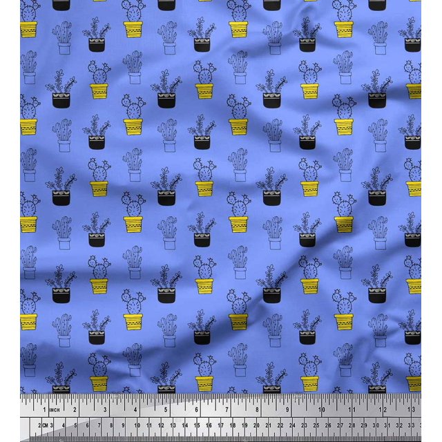 Soimoi Blue Georgette Viscose Fabric Cactus Leaves Printed Fabric 1 Yard 44 Inch Wide