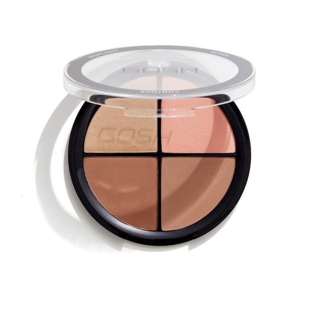 GOSH - Contour n Strobe Kit - 002 Medium is a round compact with four creamy powders including a light beige highlighter, peach semi-matt blush, and two medium brown contour shades in a black case with a clear lid, ideal for natural facial contouring and highlighting.