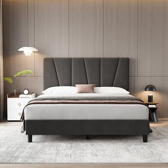 Cadre de Lit avec Tête de Lit Ajustable, Cadre de Lit Plateforme simple Moderne Rembourré en Lin avec Lattes de Bois, Aucun Sommier Requis. Ce Cadre de Lit Gris Foncé Présente une Finition Polie et une Tête de Lit Ajustable Allant de 39,4 à 43,3 Pouces. Rembourré en Tissu de Lin Respirant, Il Allie Confort et Élégance. le Cadre Métallique Robuste et les Lattes de Bois Offrent un Soutien Fiable Sans Exiger de Sommier. le Profil Bas, Se Tenant à 8,3 Pouces de Hauteur, Assure un Accès Facile, le Rendant Idéal pour les Enfants, les Aî
