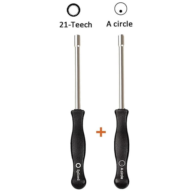 Effective 2 Pcs 21 Teeth Splined + A Circle Carburetor Adjustment Tool Set featuring two black-handled tools with metal shafts, one with a 21-teeth splined tip and the other with a circular tip. Designed for carburetor adjustments on various brands including Craftsman, Poulan, and Homelite. Suitable for chainsaws and other equipment with splined adjustment screws.