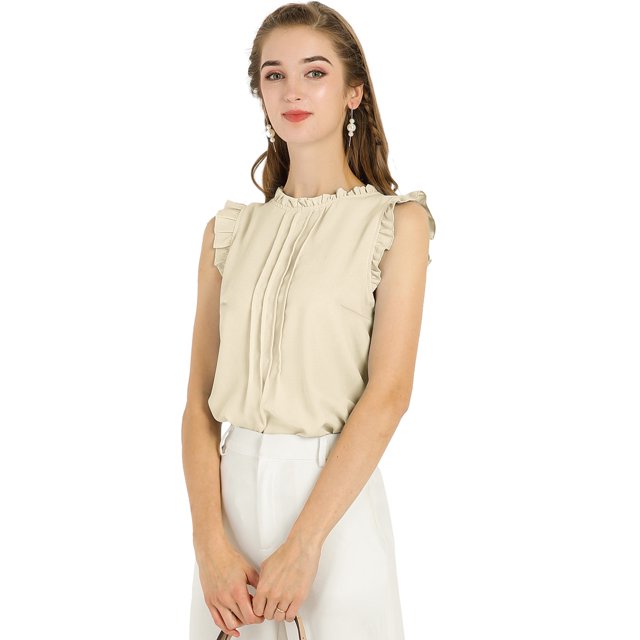 INSPIRE CHIC Blouse Sans Manches pour Femme, à Volants, Plissée, Blouse CHIC pour le Travail, L Beige