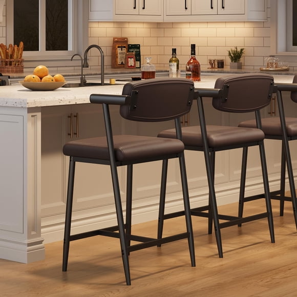 TROPOW 26" Counter Height Bar Stools Set of 2, Modern Kitchen Island Stools with Arms & Back, Upholstered Wide Seat with Footrest, Metal Frame, Easy Assembly