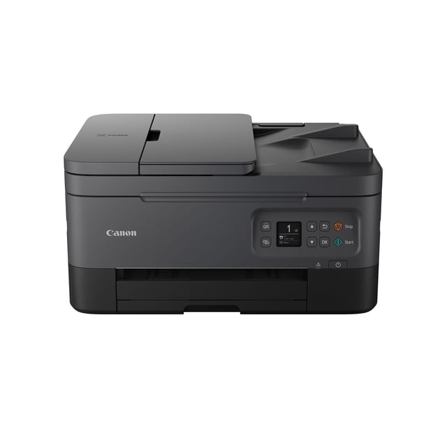 Canon PIXMA TR7020 Wireless Inkjet All-In-One Printer in black, designed for home or office use. Features include a 1.44-inch OLED display, auto document feeder for multi-page scanning, front and rear paper feeding for photo paper compatibility, and auto-duplex printing. Supports wireless printing and scanning.