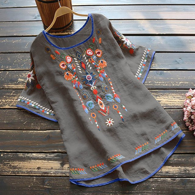DPTALR Womens Spring Summer Color Casual Loose T-Shirt Short Sleeve Round Neck Embroidery Tops Cotton And Linen Blouse