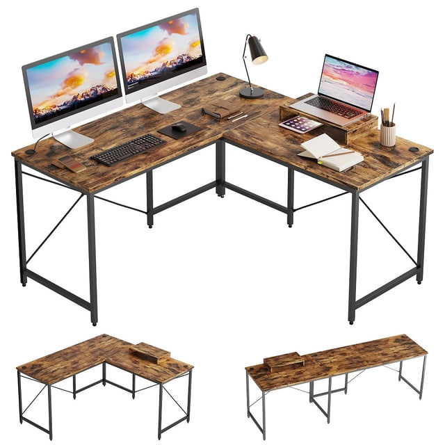 Bestier 95.2 inch L-Shaped Computer Desk with Monitor Stand Rustic