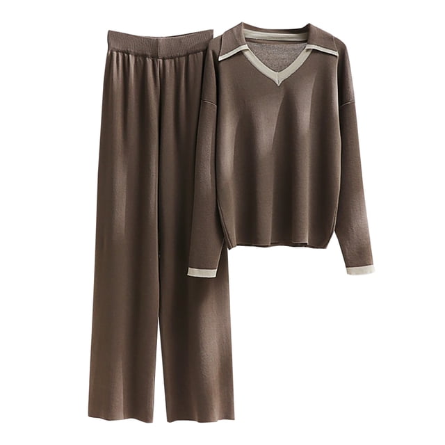 Yuyuzo Womens Ribble Knit Fall 2 Piece Sets Long Sleeve Lapel V Neck Shirts with Straight Leg High Waisted Pants