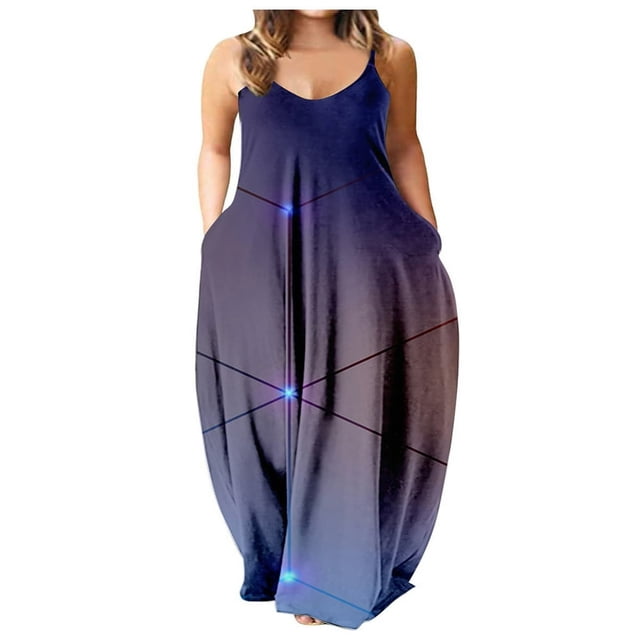 Robe Longue d'Été pour Femme à Col Rond, Imprimée, Sans Manches, Grande Taille, à Enfiler, à Bretelles Spaghetti, Longue Robe Maxi avec Poches