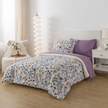 Mainstays all in one reversible comforter and sheet Set, 5-PieceTwin, White Multi Floral
