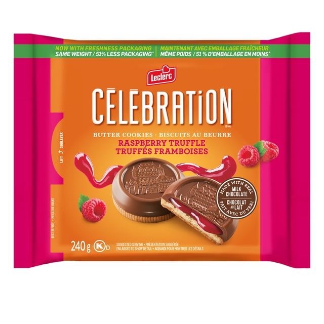 CELEBRATION RASPBERRY TRUFFLE butter cookies coated with real milk chocolate and filled with raspberry truffle, displayed on a pink and orange bilingual package, ideal for snacking and often enjoyed as a sweet treat.