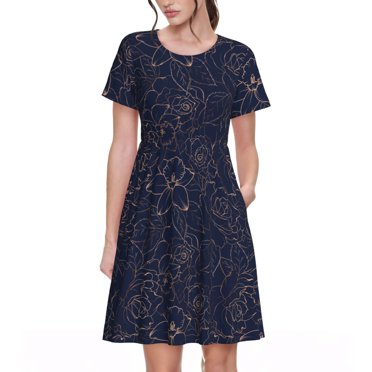 Vsdgher Navy Dark Blue for Womens Summer 2025 Casual Midi Maxi Dresses Lightweight Short Sleeve Round Neck Beach Dress