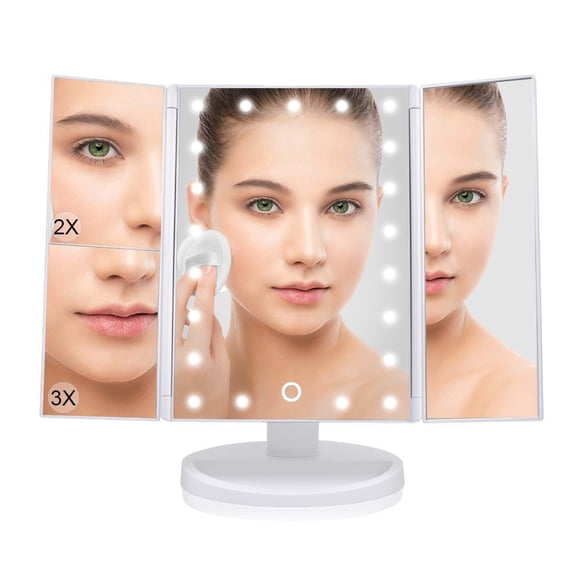 Miroir de Maquillage Éclairé avec 21 Lumières DEL, Miroir de Maquillage pour Coiffeuse avec Grossissement 3X/2X/1X et Écran Tactile, Miroir Cosmétique à Trois Volets pour Table et Yeux pour le Voyage (Blanc)