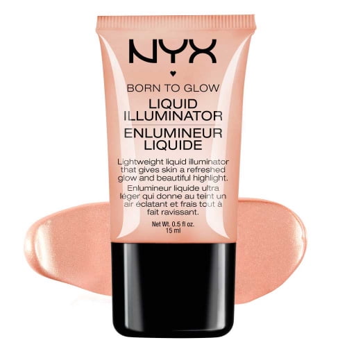 NYX Born To Glow Liquid Illuminator in Gleam, a lightweight, multi-functional highlighter in a 15 ml tube. The product is shown with its peachy shimmer swatch, ideal for adding a luminous glow to cheekbones, décolletage, or cupid's bow. Suitable for use under or over foundation.