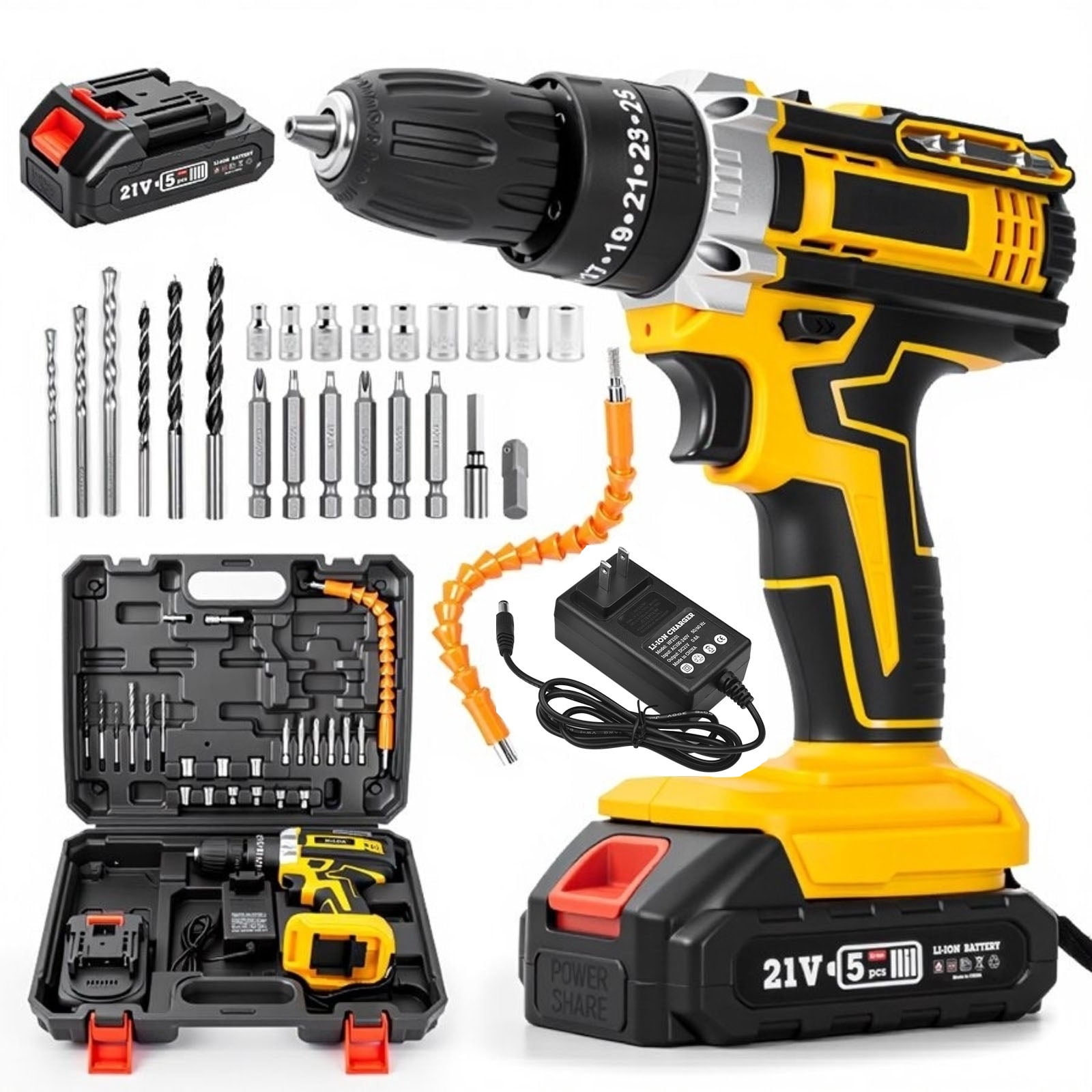 21V Cordless Impact Drill Set with 2 Batteries & Charger - 25N.m Torque, 2-Speed (0-350/1400RPM), 3/8" Auto Chuck, 25+1 Clutch, Ergonomic Handle, LED Light - 24-Piece Kit for Home Improvement, DIY,
