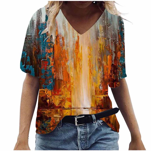 Birdeem T-Shirt à Col en V pour Femmes, Mode Décontractée, Grande Taille, Imprimé de Fleurs Pittoresques