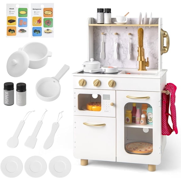 OLAKIDS Ensemble de Cuisine pour Enfants, Ensemble de Cuisine en Bois pour Tout-Petits pour Faire Semblant de Cuisiner avec Cuisinière Téléphonique Armoire de Rangement pour Micro-Ondes, Ensemble de Jouets de Cuisine avec Accessoires de Pile de Cuisine pour Aliments Jouets pour Enfants Garçons Filles