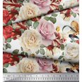 thumbnail image 2 of Soimoi Tissu Voile de Coton Blanc Feuilles & Roses Imprimé Floral 1 Yard 56 Pouces de Large, 2 of 3