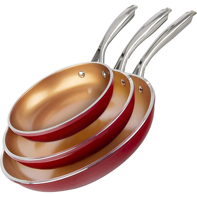 Gotham Steel Diamond 3-Piece Frying Pan Set, Nonstick Cookware with three red frying pans featuring a golden ceramic nonstick interior and stainless steel ergonomic handles, designed for even heat distribution, oven safe up to 500°F, and durable scratch-resistant Ti-Cerama coating suitable for various cooking tasks.