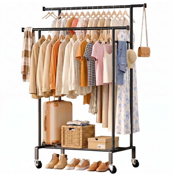 Exenoray Portant à Vêtements à Double Tige Réglable avec Roues 39,6 Pouces L x 19,7 Pouces P x 69,1 Pouces H, Portant à Vêtements Robuste 230 Lb, Noir