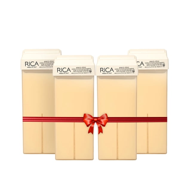 Rica Wax Argan Roll-On Wax Kit, set of 4 refill wax cartridges, each containing 100 ml of liposoluble wax. Designed for body use, this waxing kit features a natural formula with Glyceryl Rosinate, Vegetable Oil, Titanium Dioxide, Natural Beeswax, and Zinc Oxide for gentle and effective hair removal, suitable for sensitive skin. Made in Italy.