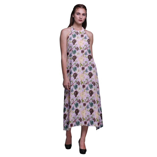 Bimba Robe Décontractée Florale Longue Dos Nu à Col Licou pour Femmes, Robe de Plage Imprimée - Petit
