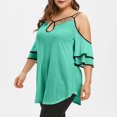 thumbnail image 3 of Yuyuzo Cold Shoulder Tops for Women Plus Size Ruffle Short Sleeve Shirts Keyhole V Neck Pleated Irregular Hem Blouses, 3 of 6